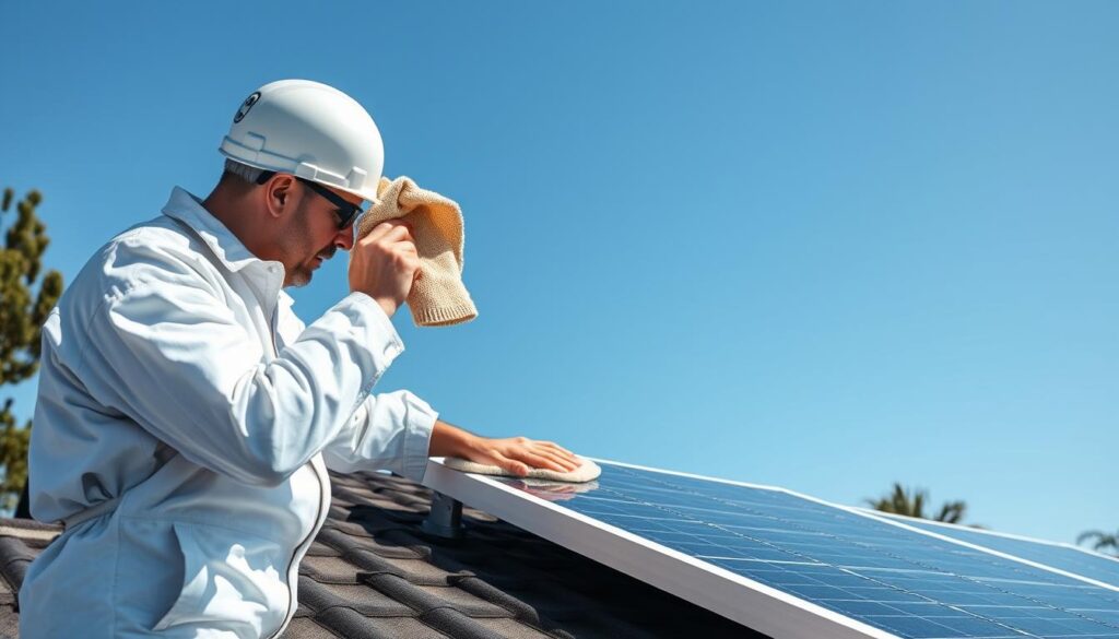 A person in a white jumpsuit carefully cleaning a rooftop solar panel with a microfiber cloth under bright, direct sunlight. The panel is mounted on a slanted roof with surrounding trees and a clear blue sky in the background. The cleaning process is methodical and focused, with the person using a specialized tool to reach the panel's edges. The scene conveys a sense of care and attention to detail, reflecting the importance of proper solar panel maintenance for optimal energy production.