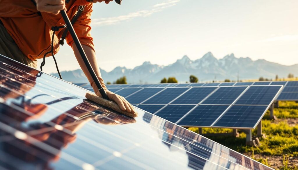 A picturesque solar panel cleaning scene in Idaho Falls, Idaho. In the foreground, a technician diligently scrubs the surface of a gleaming solar panel, ensuring maximum efficiency. The middle ground features a row of solar panels, their pristine surfaces reflecting the bright, diffused sunlight characteristic of the region. In the background, the majestic Teton Mountains rise, providing a stunning natural backdrop. The overall scene conveys a sense of care, professionalism, and the seamless integration of renewable energy technology within the Idaho Falls landscape. The lighting is soft and natural, creating a serene, inviting atmosphere.