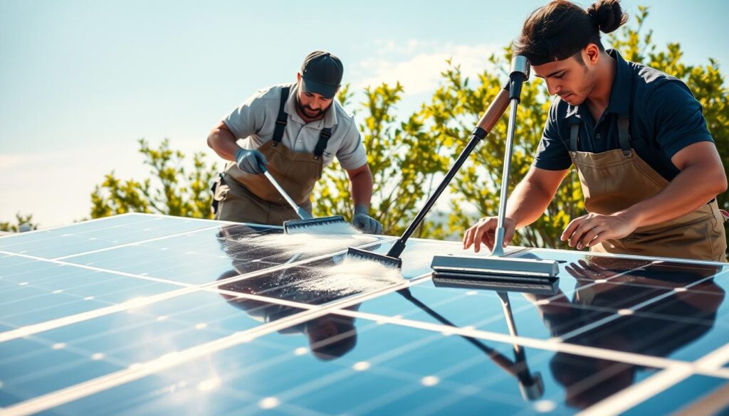 A pristine, sun-drenched rooftop, where a pair of diligent technicians meticulously clean a set of glistening solar panels. The foreground showcases their specialized tools and equipment, including long-handled brushes and squeegees, while the middle ground captures their focused expressions as they carefully wipe away dust and debris. In the background, a clear blue sky and lush, verdant foliage create a serene, eco-friendly setting, underscoring the importance of maintaining these renewable energy sources. The lighting is warm and natural, casting soft shadows and highlights that accentuate the panels' sleek, modern design. The overall mood is one of professionalism, efficiency, and environmental stewardship.
