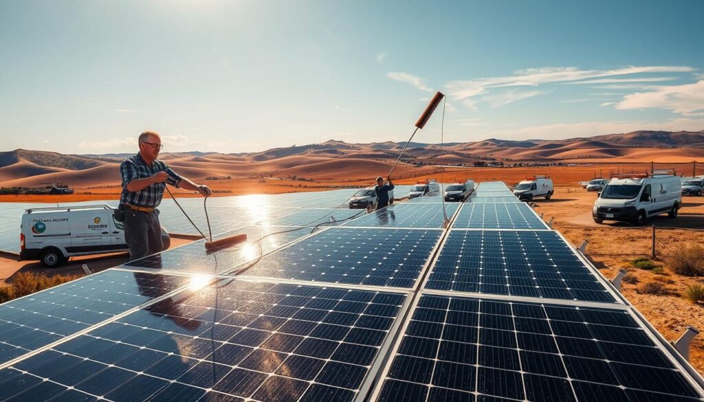 A professional commercial solar panel cleaning service in action, with workers meticulously cleaning a large array of photovoltaic panels under the warm glow of the midday sun. The foreground shows a pair of technicians wielding specialized brushes and squeegees, expertly removing accumulated dust and grime to maximize the panels' energy output. In the middle ground, a fleet of service vehicles are parked nearby, their logos and branding visible. The background depicts a serene, rural landscape with rolling hills and a cloudless azure sky, setting an idyllic tone for the scene. The lighting is natural and diffused, casting long shadows and highlighting the intricate textures of the solar panels. An overall sense of efficiency, care, and environmental stewardship permeates the image.