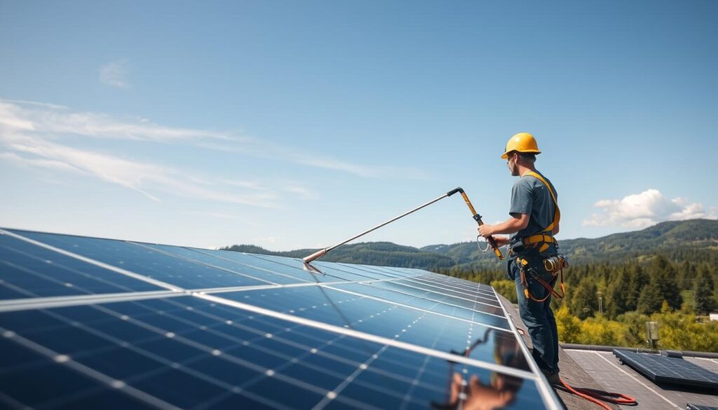 A professional crew meticulously cleaning a row of rooftop solar panels on a sunny day in Eugene, Oregon. The foreground features a worker in a safety harness diligently wiping down the panels with a long-handled squeegee, ensuring maximum light absorption. The middle ground showcases the gleaming solar array against the backdrop of a clear blue sky, with just a few wispy clouds. In the distance, the lush, verdant forests and rolling hills of the Pacific Northwest landscape complete the scene, creating a sense of environmental harmony. The lighting is natural and bright, emphasizing the efficient, eco-friendly nature of the solar panel cleaning process.