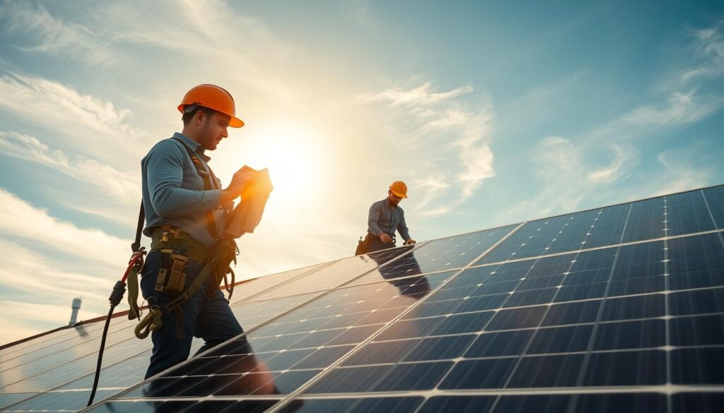 A professional crew meticulously cleaning the solar panels on a residential rooftop. In the foreground, a worker in a safety harness carefully wipes down the glistening panels with a microfiber cloth, removing any accumulated dirt and grime. In the middle ground, another worker inspects the panel connections, ensuring optimal electrical output. The warm, golden sunlight filters through wispy clouds, casting a soft, natural illumination across the scene. The well-maintained panels stand out against the blue sky, conveying a sense of efficiency and environmental responsibility. A wide-angle lens captures the entire setup, highlighting the attention to detail and care taken in maintaining these renewable energy sources.