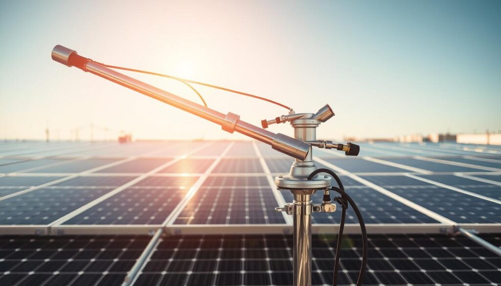 A professional-grade solar panel cleaning system with a telescoping pole, rotating brushes, and a water sprayer, standing in a sunny, well-lit industrial setting. The equipment gleams with a metallic finish, conveying a sense of efficiency and precision. In the background, neatly arranged solar panels stretch out across a rooftop, creating a harmonious and organized scene. The lighting is bright and directional, highlighting the contours and details of the cleaning apparatus. The overall impression is one of a reliable, high-quality tool designed to maintain solar panels at their optimal performance.