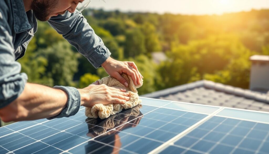 A professional, high-quality solar panel cleaning service in action. In the foreground, a technician carefully wipes the solar panels with a microfiber cloth, removing any accumulated dust and grime. The middle ground features the sleek, modern solar panels mounted on a residential rooftop, reflecting the bright sunlight. In the background, a lush, green landscape provides a natural and tranquil setting. The lighting is soft and natural, emphasizing the cleanliness and efficiency of the solar panels. The scene conveys a sense of environmental responsibility and technological innovation. The overall atmosphere is one of professionalism, attention to detail, and a commitment to optimizing solar energy production.