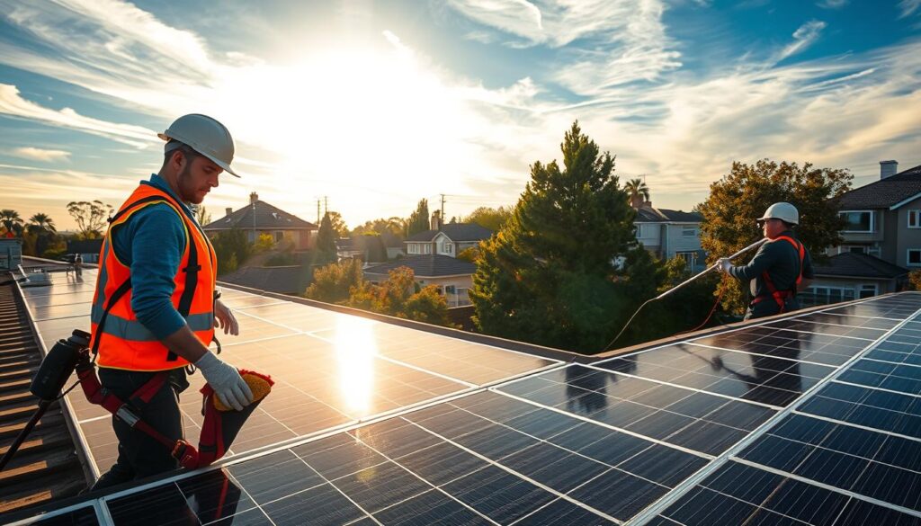 A professional solar panel cleaning service crew diligently scrubbing and wiping down solar panels on a residential rooftop. Sunlight streams through wispy clouds, casting a warm glow over the scene. In the foreground, a worker in a high-visibility vest and safety harness carefully wipes down a solar panel with a microfiber cloth, ensuring every inch is spotless. In the middle ground, another worker uses a long-handled squeegee to clean the larger panels, leaving a streak-free finish. In the background, the neighborhood houses and trees provide a tranquil suburban setting. The overall mood is one of efficiency, attention to detail, and environmental responsibility.