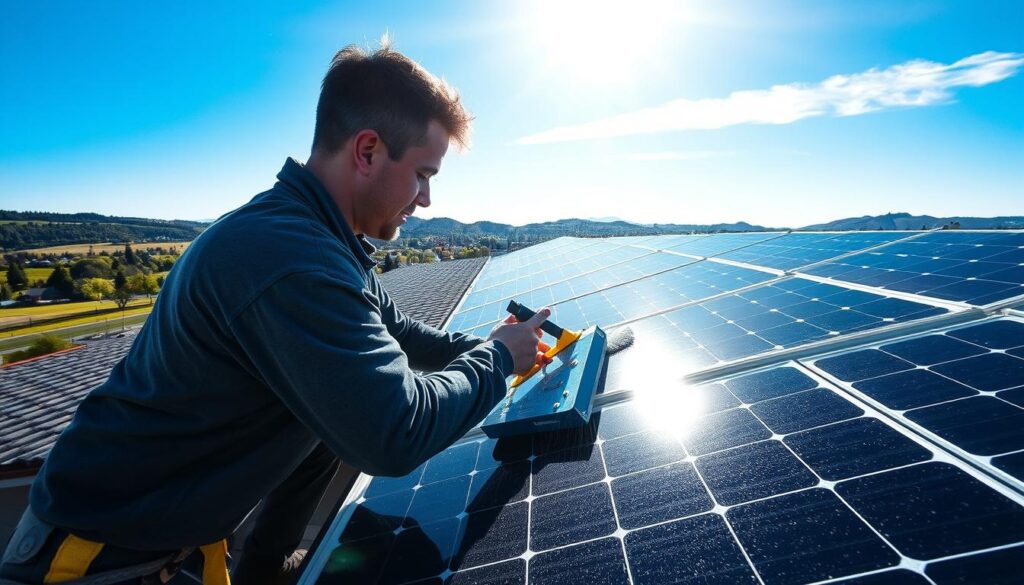 A professional solar panel cleaning service in Salem, OR, showcasing a worker using a specialized cleaning tool to meticulously wipe down a series of panels on a rooftop under a bright, sunny sky. The panels gleam with a renewed luster, reflecting the clear blue atmosphere above. In the foreground, the worker's focused expression conveys the care and attention they bring to their work, ensuring the panels operate at peak efficiency. The middle ground features the expansive array of panels, their geometric patterns casting subtle shadows on the rooftop. The background reveals the verdant landscape of Salem, with distant hills and trees framing the scene. The overall mood is one of diligence, productivity, and the benefits of maintaining solar power infrastructure.