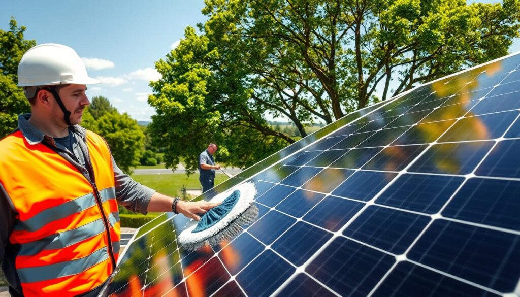 A professional solar panel cleaning service in action. Bright sunlight illuminates a technician in a safety vest, carefully wiping down the smooth black surface of a large solar panel mounted on a rooftop. In the midground, another technician inspects the panel wiring, ensuring optimal electrical efficiency. The background showcases a picturesque suburban landscape, with lush green trees framing the scene. The overall mood is one of diligence, environmentalism and technological progress, capturing the essence of professional solar panel maintenance.