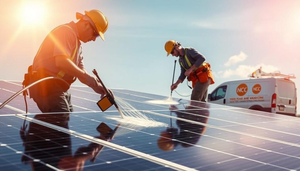 A professional solar panel cleaning service team working diligently under the warm, golden glow of the Midwest sun. In the foreground, two technicians carefully clean the solar panels using specialized tools and solutions, ensuring maximum efficiency. The middle ground showcases the pristine, gleaming panels reflecting the azure sky. In the background, a modern, well-equipped service van stands ready, its logo prominently displayed. The scene conveys a sense of expertise, dedication, and a commitment to sustainable energy solutions in the heart of Milwaukee, Wisconsin.
