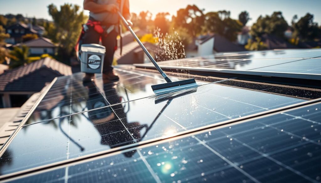 A professional technician carefully cleaning the surface of a rooftop solar panel array, using a long-handled squeegee and a bucket of soapy water. The sunlight is bright and the sky is clear, casting dynamic shadows across the panels. In the foreground, droplets of water cascade down the sleek, black surfaces, revealing the pristine, reflective glass. The middle ground shows the technician in focus, wearing a safety harness and concentrating intently on their work. In the background, the residential neighborhood and surrounding trees provide a natural, contextual setting for the scene.