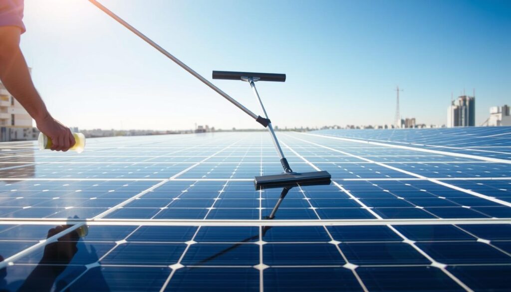 A professional technician cleaning solar panels on a rooftop in bright sunlight, using a long-handled squeegee and specialized cleaning solution. The panels are arranged in a symmetrical grid, reflecting the blue sky above. In the foreground, the technician's hands and the cleaning equipment are in sharp focus, conveying the careful and meticulous nature of the task. The middle ground shows the solar panels themselves, their surfaces gleaming with clean, unobstructed sunlight. The background features a cityscape, with other buildings and structures visible in the distance, emphasizing the urban setting. The overall mood is one of efficiency, diligence, and the importance of maintaining renewable energy infrastructure.