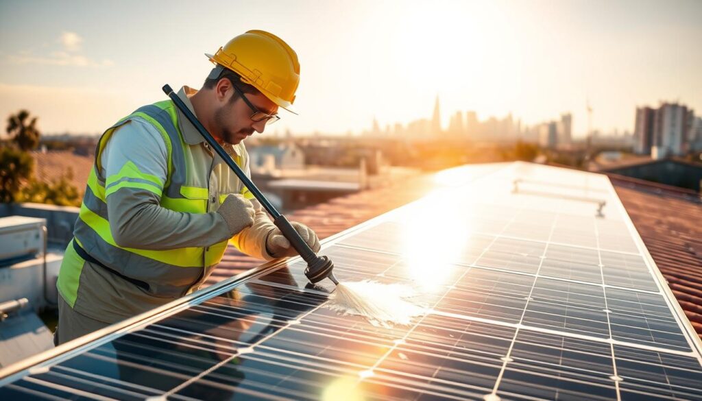 A professional technician in a clean, bright uniform carefully inspecting and cleaning a residential solar panel array on a sunny rooftop, with a gleaming city skyline visible in the background. Warm sunlight streams across the panels, highlighting their pristine surfaces. The technician wields a specialized cleaning tool, meticulously removing any dust or debris to maximize the panels' energy efficiency. The scene conveys a sense of care, expertise, and the beneficial impact of professional solar panel maintenance.