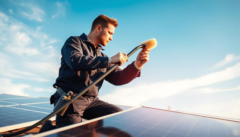A professional technician in a navy blue uniform carefully cleaning the solar panels on a rooftop in Cranston, RI. The panels are arranged in neat rows, catching the warm afternoon sunlight. In the background, a clear blue sky with a few wispy clouds. The technician is using a specialized telescoping pole with a soft brush attachment, gently wiping away any accumulated dust and debris. Their movements are precise and efficient, ensuring maximum solar energy production. The scene conveys a sense of diligence and environmental responsibility.