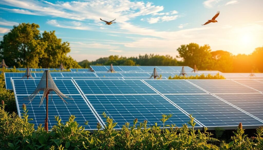 A serene solar panel array nestled amidst a lush, verdant landscape. In the foreground, a series of intricate bird deterrents - delicate mesh screens, strategically placed spikes, and motion-activated scarecrows - seamlessly integrated with the panels, creating a harmonious balance of function and aesthetics. The mid-ground features a well-maintained, spotless solar panel surface, reflecting the warm glow of the sun. In the background, a clear blue sky dotted with wispy clouds, illuminating the scene with a soft, natural light. The overall impression is one of effective solar panel protection, blending technological innovation with the beauty of the natural world.