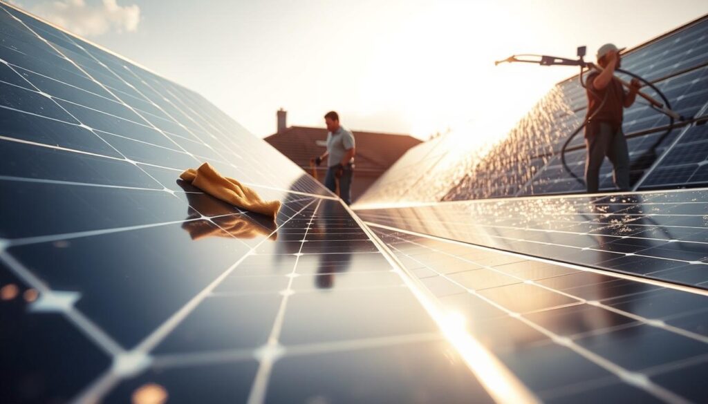 A side-by-side comparison of professional solar panel cleaning and DIY methods. In the foreground, a close-up view of a sparkling clean solar panel, the surface reflecting the sun's rays. In the middle ground, a homeowner carefully wiping down a panel with a microfiber cloth, while in the background, a professional cleaning crew operates a specialized solar panel cleaning rig, water spraying across the array. Soft, warm lighting casts gentle shadows, highlighting the contrast between the manual and automated approaches. The scene conveys the care and attention required for optimal solar panel performance, inviting the viewer to consider the pros and cons of each cleaning method.