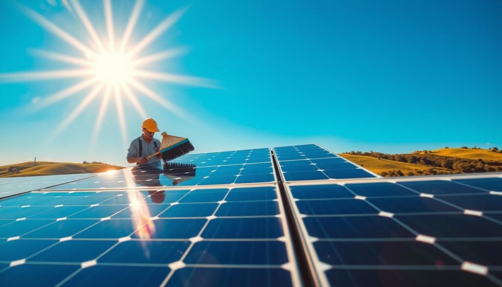 A solar farm set against the clear blue sky, with the sun's rays casting a warm glow. In the foreground, a worker meticulously cleans the solar panels, using a specialized brush and cleaning solution to ensure maximum efficiency. The mid-ground features a detailed depiction of the solar panel array, showcasing their intricate design and the precise spacing between each unit. The background captures the lush, rolling hills of Norman, Oklahoma, providing a picturesque backdrop to the scene. The lighting is crisp and natural, highlighting the panels' glossy surfaces and the worker's focused movements. The overall atmosphere conveys a sense of diligence, sustainability, and the importance of well-maintained solar infrastructure in the local climate.