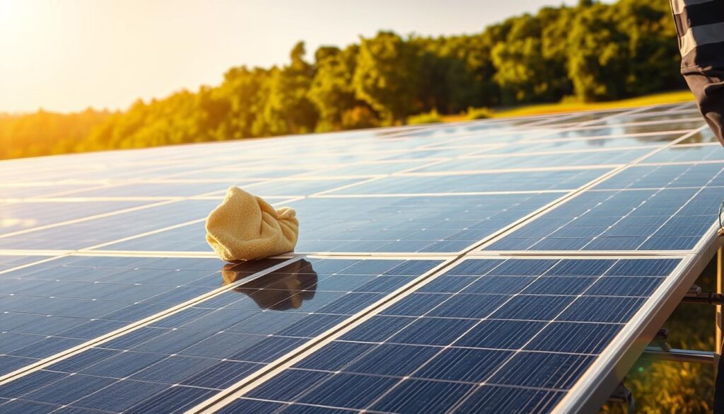 A solar panel array bathed in warm, golden sunlight, each panel gleaming with a freshly cleaned surface. In the foreground, a technician in a uniform carefully wipes down a panel with a microfiber cloth, showcasing the process of professional maintenance. The middle ground features a neatly organized array of solar panels, their edges crisp and free of accumulated dirt and debris. In the background, a lush, verdant landscape provides a natural, serene backdrop, emphasizing the sustainable and eco-friendly nature of solar power. The scene radiates a sense of efficiency, productivity, and the tangible benefits of regular professional solar panel cleaning.