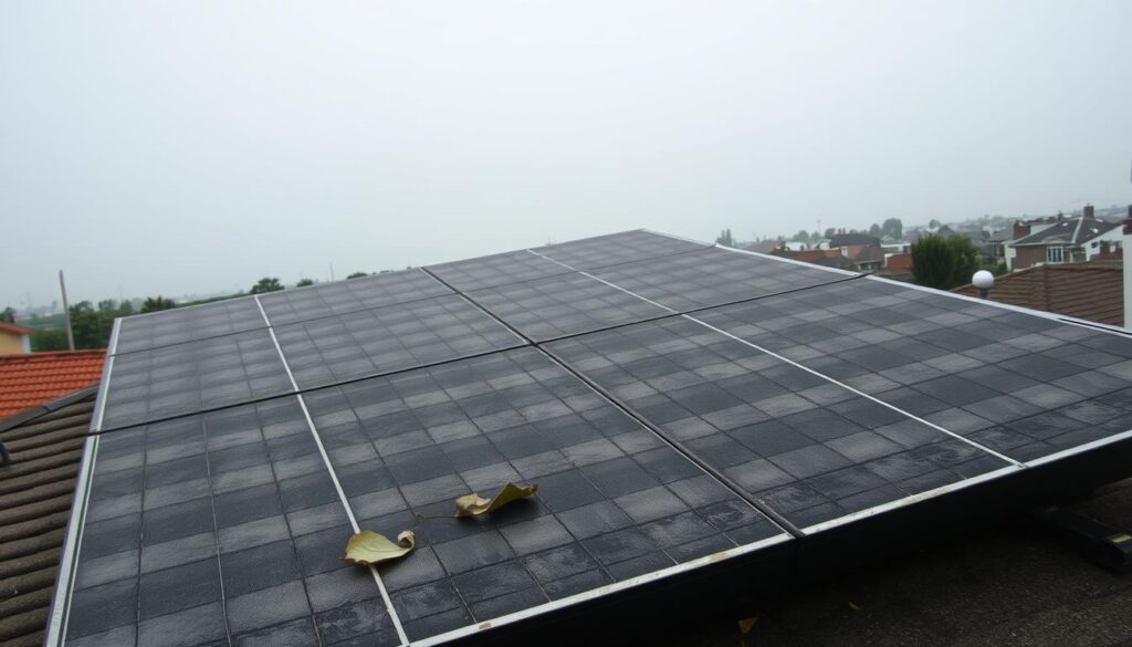 A solar panel array on a residential rooftop, with a layer of dust and grime obscuring the photovoltaic cells. The panels are positioned at a slight angle, casting elongated shadows across the surface. The sky is overcast, with a hazy, subdued lighting that emphasizes the dull, lackluster appearance of the dusty panels. In the foreground, a few leaves and debris have accumulated on the panels, further reducing their efficiency. The mid-ground features the surrounding rooftop and a glimpse of the neighborhood beyond, hinting at the broader context of the image. The overall mood is one of neglect and the negative impact of failing to maintain solar equipment.