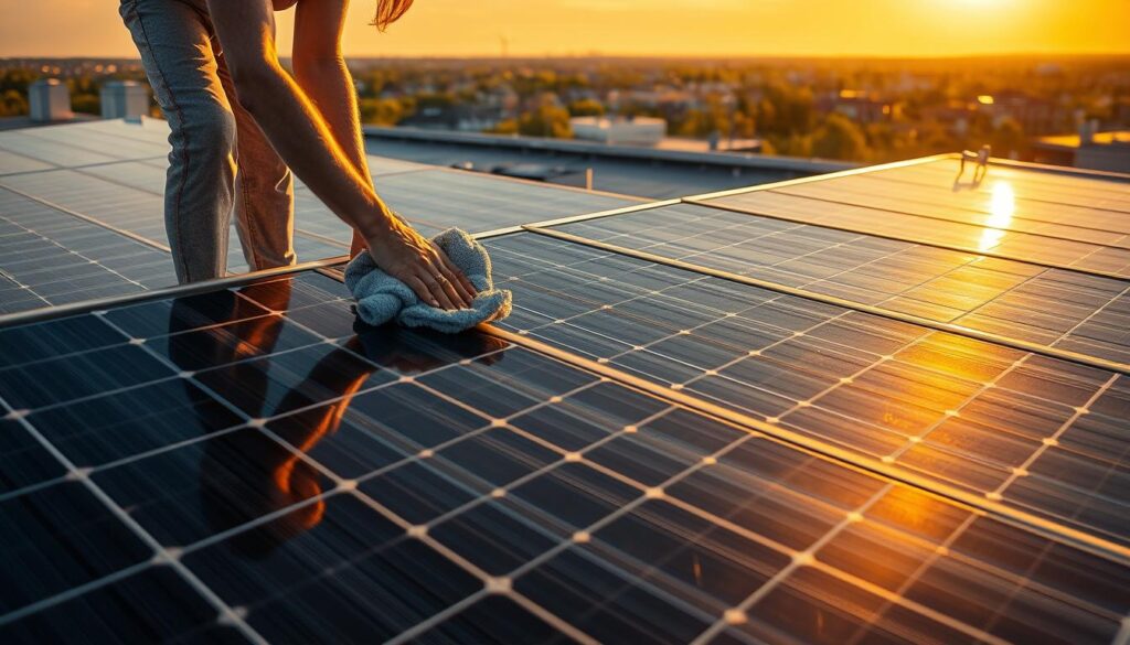A solar panel array on a sunny rooftop, with a person in casual clothing carefully cleaning each panel with a microfiber cloth, ensuring maximum sunlight absorption. The scene is bathed in warm, golden afternoon light, casting long shadows across the rooftop. In the distance, the cityscape of Warwick, RI, can be seen, hinting at the urban setting. The mood is one of diligence and care, as the individual takes pride in maintaining their solar investment for optimal energy production.