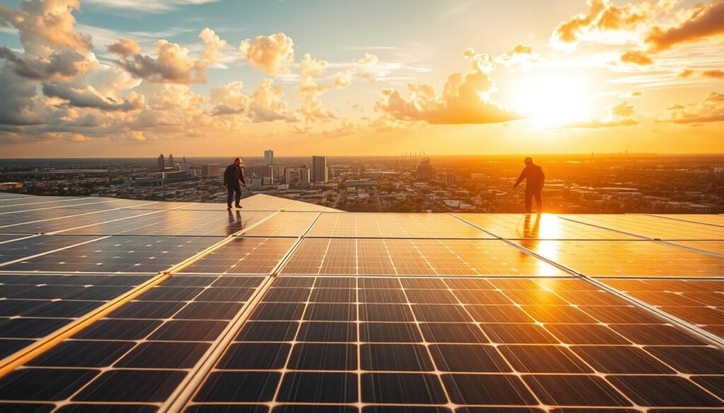 A solar panel array positioned in the foreground, overlooking a cityscape of Lake Charles, Louisiana in the middle ground. The panels are being cleaned by a team of technicians, their movements captured in a crisp, documentary-style composition. The sky is filled with warm, golden hues, casting a serene, optimistic tone. The scene depicts the practical and cost-effective nature of professional solar panel maintenance in this bustling Gulf Coast city.