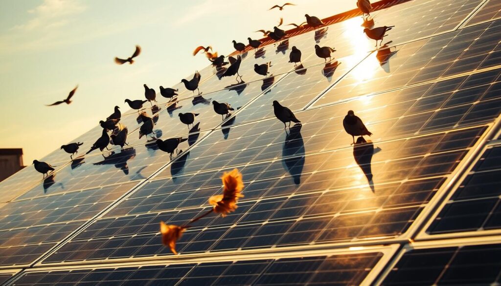 A solar panel array situated on a rooftop, with a flock of pigeons perched atop the panels, casting intricate shadows across the shiny surfaces. The scene is bathed in warm, golden afternoon light, lending a serene, almost meditative atmosphere. The panels are meticulously clean, reflecting the sky and surrounding environment. In the foreground, a few wayward feathers flutter gently, drawing attention to the avian presence and the potential challenges of maintaining a pristine solar installation. The overall composition conveys a sense of the delicate balance between technology and nature, highlighting the need for diligent maintenance and protection of this renewable energy investment.