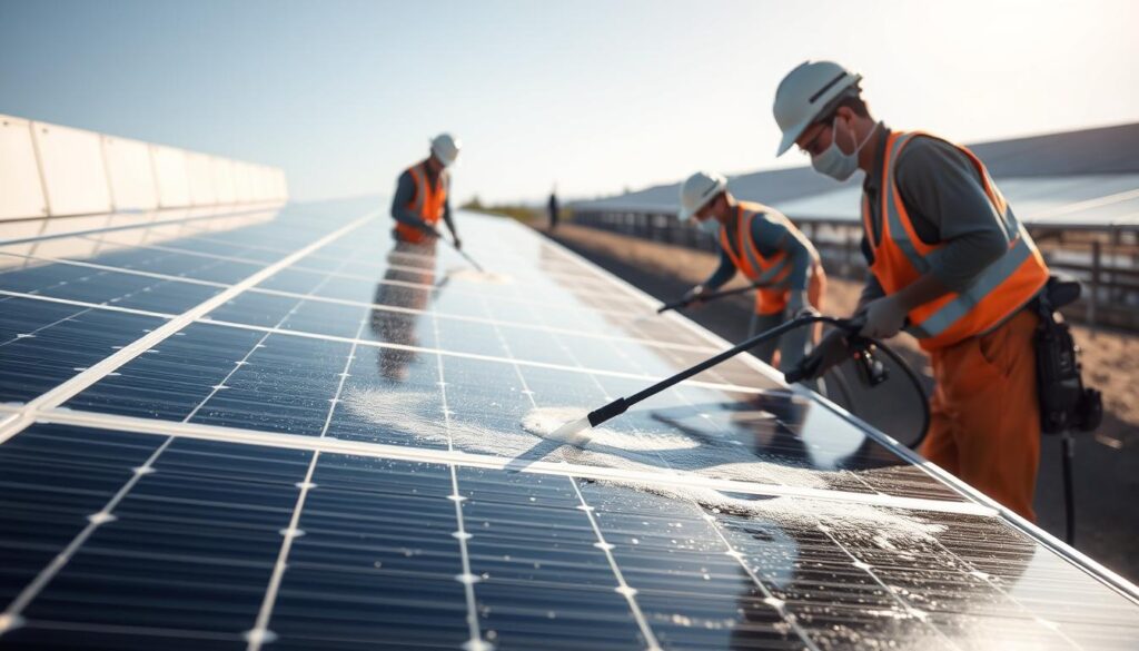 A solar panel cleaning crew using demineralized water to gently rinse the panels, removing any built-up dirt and mineral deposits. The workers are equipped with specialized cleaning tools and wear protective gear. Bright sunlight illuminates the scene, casting long shadows across the meticulously cleaned solar array. The image captures the importance of using high-purity water to maintain optimal energy efficiency and preserve the longevity of the solar panels.