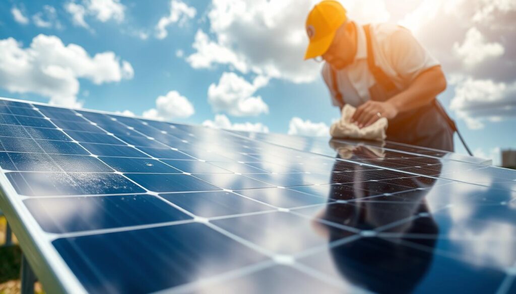 A solar panel cleaning service at work in Mobile, AL. In the foreground, a technician gently wipes the surface of a gleaming solar panel with a soft microfiber cloth, removing dust and debris. The middle ground reveals a row of solar panels standing in a well-maintained yard, their surfaces reflecting the bright sunlight. In the background, a clear blue sky with fluffy white clouds sets the scene. The lighting is natural and diffused, highlighting the sleek, modern design of the solar panels. The overall mood is one of professionalism, efficiency, and a commitment to renewable energy.