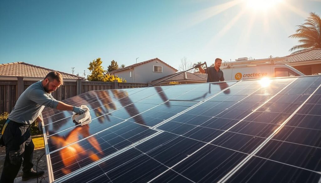 A solar panel cleaning service crew diligently scrubbing and wiping down a row of sleek, glistening solar panels in a residential backyard. The sun beams down in a warm, golden light, casting long shadows across the scene. In the foreground, a technician carefully wipes down the panels with a microfiber cloth, removing any accumulated dust or debris. In the middle ground, another technician uses a long-handled squeegee to clean the larger panels, ensuring a streak-free shine. In the background, a service van emblazoned with the company's logo is parked nearby, conveying the professional nature of the operation. The overall mood is one of efficient, dedicated service, showcasing the importance of regular solar panel maintenance for optimal energy production.