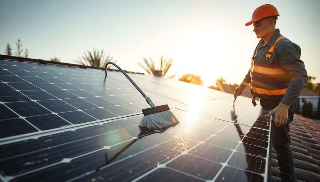 A solar panel cleaning service team carefully inspecting and wiping down the solar panels on a residential rooftop. A technician in a uniform is utilizing a specialized cleaning tool to remove dirt and debris, ensuring optimal energy efficiency. In the background, the sun shines brightly, casting warm light across the scene. The image conveys a sense of professionalism, attention to detail, and a commitment to sustainable energy practices.