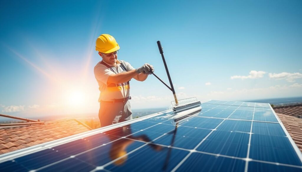 A solar panel cleaning service technician, wearing a uniform and safety gear, using a professional-grade squeegee to meticulously clean the surface of a solar panel on a residential rooftop. The sunlight casts a warm, natural glow, illuminating the gleaming, pristine panels. In the background, a cloudless blue sky and the distant horizon suggest an idyllic, serene setting. The image conveys the benefits of professional solar panel cleaning, highlighting the importance of maintaining optimal efficiency and performance for renewable energy generation.