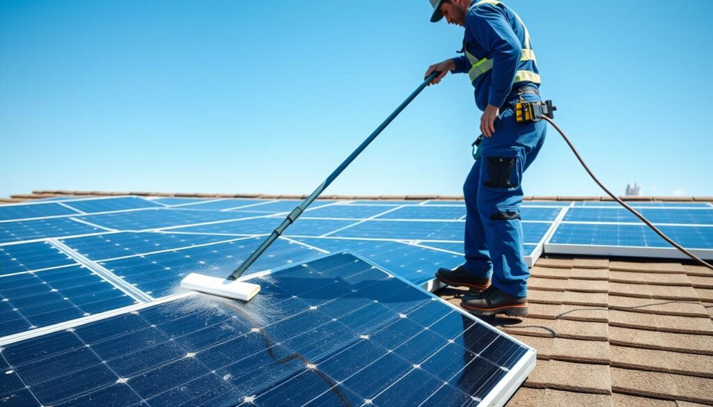 A solar panel installation on a residential rooftop in Salem, OR on a sunny day. In the foreground, a worker in a blue uniform is using a long-handled squeegee to gently clean the solar panels, removing any dirt, dust or debris. Bright sunlight illuminates the scene, creating a crisp, high-contrast image. The panels are arranged in an orderly grid, their shiny black surfaces reflecting the clear blue sky. The worker's movements are purposeful and efficient, demonstrating the importance of regular panel maintenance for optimal energy production. The overall atmosphere conveys the practical yet essential task of solar panel cleaning in this Pacific Northwest city.