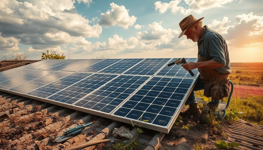 A sun-dappled solar array on a rural Missouri roof, partially obscured by scattered dirt, debris, and overgrown vegetation. In the foreground, a weathered worker examines a panel, tools in hand, as a sense of quiet determination settles over the scene. The middle ground reveals intermittent shading patterns cast by passing clouds, while the distant horizon is tinged with a hazy, golden glow - a reminder of the sun's untapped potential. The image conveys the subtle challenges of maintaining peak solar efficiency in this Midwestern setting, where the elements conspire to gradually diminish power output over time.