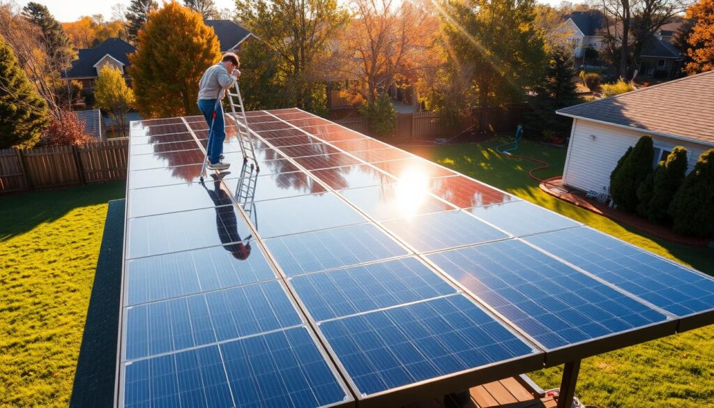 A sun-drenched backyard in Johns Creek, GA, with a well-maintained solar panel array on the roof. A figure in a blue uniform stands on a ladder, carefully wiping down the panels with a microfiber cloth, ensuring they are spotless and reflecting the bright sunlight. The panels cast long shadows on the lush green grass below, indicating the time of day. The scene is bathed in warm, golden hues, creating a peaceful, serene atmosphere. The camera angle captures the entire setup, showcasing the solar panels' efficient placement and the meticulous cleaning process, emphasizing the importance of regular maintenance for optimal energy production.