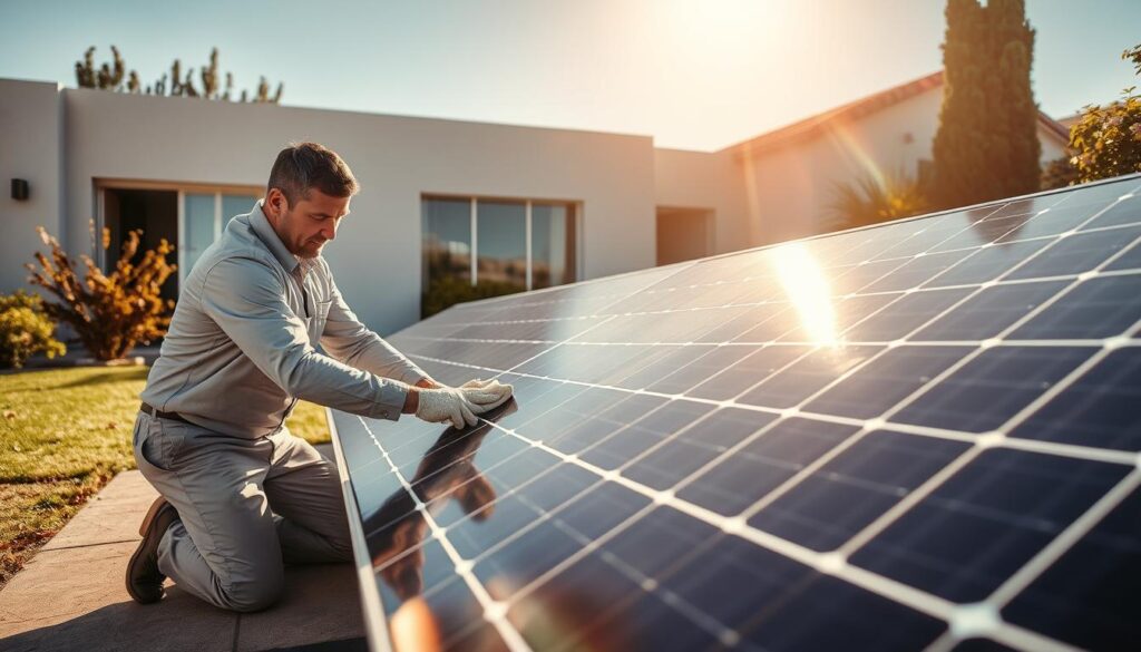 A sun-drenched backyard, with a sleek, modern home in the background. In the foreground, a technician in a crisp uniform kneels beside a row of glossy, black solar panels, meticulously cleaning each one with a soft cloth and a specialized cleaning solution. The panels glisten in the warm, golden light, their surfaces free of dust and grime. The technician's focused expression and the attention to detail convey the importance of proper solar panel maintenance. The scene captures the essence of both professional and DIY solar panel cleaning, showcasing the care and precision required to keep these renewable energy systems operating at peak efficiency.