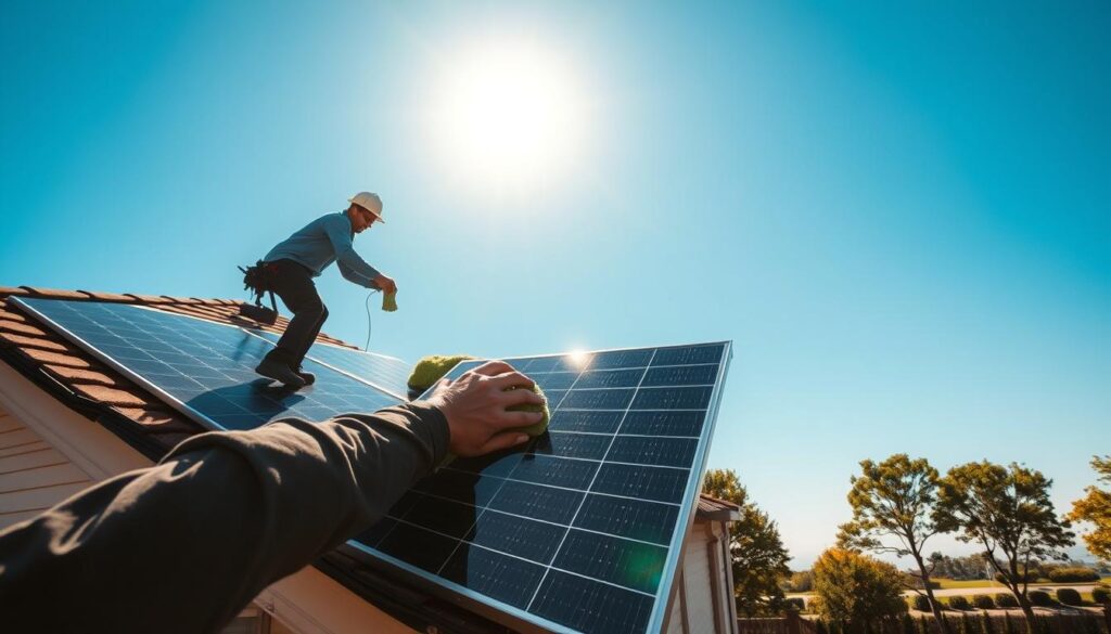 A sun-drenched image of a person meticulously cleaning a residential solar panel installation on a pitched roof in Tulsa, Oklahoma. The foreground shows the worker diligently wiping down the panels with a microfiber cloth, removing any accumulated dirt or dust. The middle ground captures the modern solar array against a clear blue sky, with lush trees and a well-manicured yard in the background. Warm, directional lighting casts long shadows, highlighting the contours of the panels and the worker's focused movements. The scene conveys the importance of regular solar panel maintenance to maximize energy efficiency in Tulsa's sunny climate.
