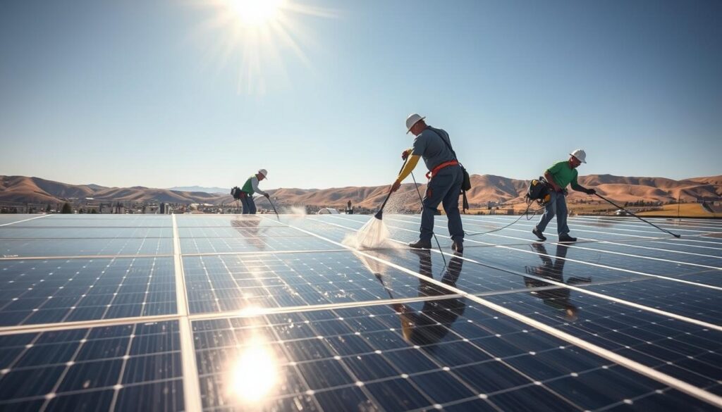 A sun-drenched rooftop in Meridian, Idaho, featuring a team of skilled solar panel cleaners diligently scrubbing the gleaming panels. The foreground showcases the workers methodically wiping away dust and grime, while in the middle ground, the panels catch the warm rays of the afternoon sun, their surfaces reflecting the blue sky above. In the background, the rolling hills of the Gem State provide a picturesque backdrop, underscoring the importance of maintaining solar energy systems in this lush, natural environment. The scene conveys a sense of dedication and environmental stewardship, capturing the essence of effective solar panel cleaning in the heart of Idaho.