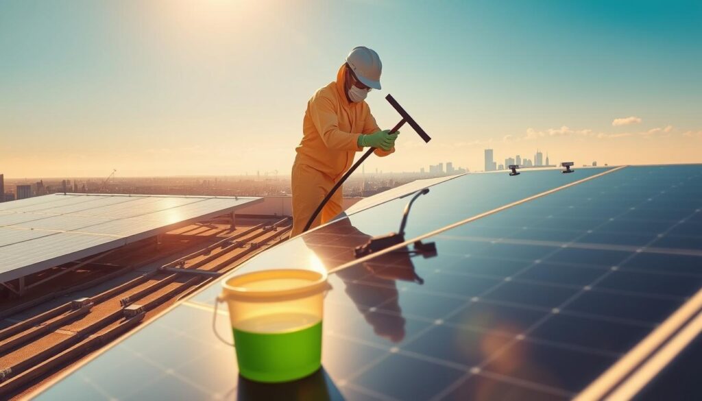 A sun-drenched rooftop, solar panels glistening in the warm afternoon light. A worker, clad in a protective suit, methodically wiping the panels with a squeegee, ensuring maximum efficiency. In the foreground, a bucket of cleaning solution stands ready, while the background features a panoramic view of the city skyline. The scene exudes a sense of diligence and care, emphasizing the importance of regular solar panel maintenance for optimal energy generation.