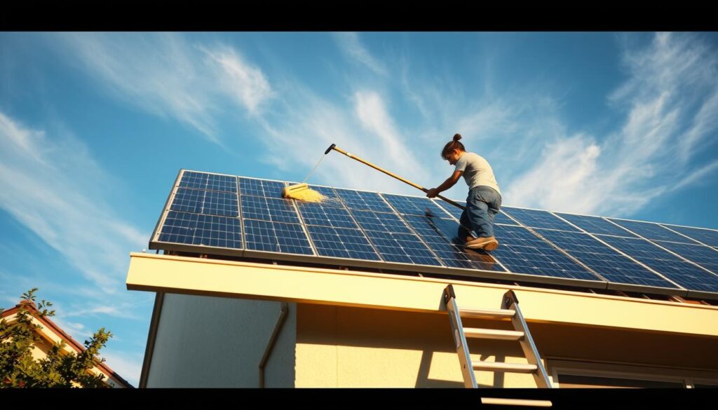 A sunlit outdoor scene, with a homeowner carefully cleaning solar panels mounted on their rooftop. The middle ground features the person using a long-handled squeegee to wipe down the sleek, black solar panels, their movements deliberate and focused. In the foreground, a ladder leans against the house, while the background showcases a clear, blue sky dotted with wispy clouds. Soft, directional lighting casts subtle shadows, highlighting the textures of the panels and the person's actions. The mood is one of quiet diligence, as the homeowner maintains their renewable energy system with meticulous care.