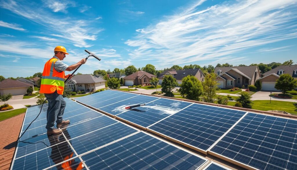A sunny Independence, Missouri day with a well-maintained residential rooftop featuring an array of sleek, modern solar panels. In the foreground, a professional solar technician in a high-visibility vest carefully wipes down the panels with a long-handled squeegee, ensuring maximum energy efficiency and output. The middle ground shows the surrounding neighborhood with well-manicured lawns and trees, while the background depicts a clear blue sky with wispy clouds. The lighting is natural and bright, casting a warm glow on the scene. The overall mood is one of pride, productivity, and environmental consciousness.