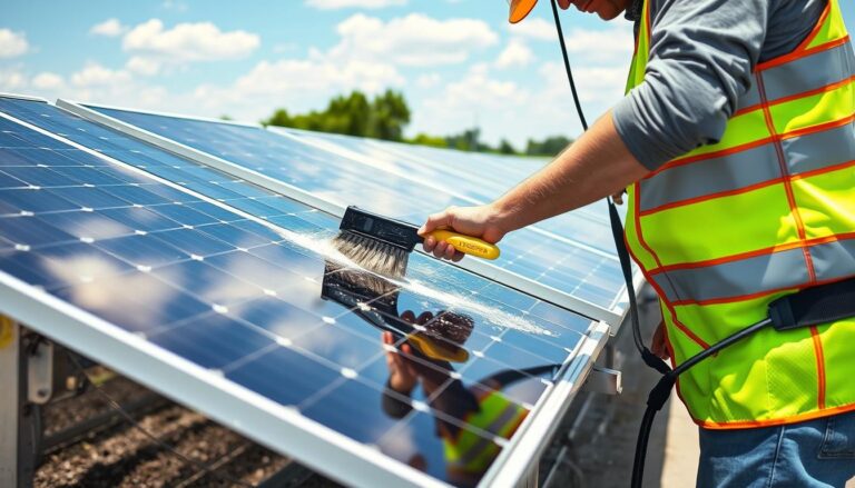 A sunny afternoon in Shreveport, LA, where a technician in a high-visibility vest carefully cleans the surface of a solar panel array using a soft-bristle brush and a water-based cleaning solution. The panels are mounted on a sturdy metal frame, their shiny black surfaces reflecting the bright sunlight. In the background, a row of well-maintained, grid-connected solar panels can be seen, their efficient operation powering the surrounding homes and businesses. The scene conveys a sense of professionalism and environmental responsibility, capturing the essence of the best solar panel cleaning services in the region.
