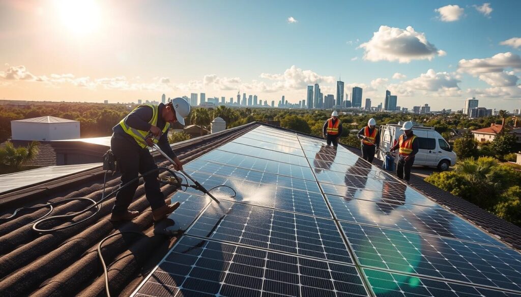 A sunny day in Charleston, SC, with a breathtaking view of the city skyline in the background. In the foreground, a team of professional solar panel cleaning technicians, dressed in their uniforms, meticulously cleaning the solar panels on a residential rooftop. The sun's rays glisten off the freshly cleaned panels, highlighting their efficiency. The technicians utilize specialized cleaning equipment, applying gentle, yet effective techniques to ensure maximum energy production. The scene conveys a sense of diligence, environmental consciousness, and the dedication of the top solar panel cleaning companies in the Charleston area.