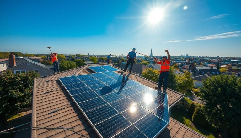 A sunny day in Cranston, RI. In the foreground, a team of professional solar panel cleaners meticulously wipe down the gleaming panels, restoring their maximum efficiency. The crew uses specialized equipment like long-handled squeegees and microfiber cloths, working with precision and care. In the middle ground, the rooftop of a residential home, the solar array shines brightly against the blue sky. Surrounding the house are well-manicured lawns and lush greenery. In the background, the iconic architecture of Cranston's historic downtown is visible, creating a picturesque urban landscape. The overall scene conveys a sense of environmental stewardship and sustainable energy in action.