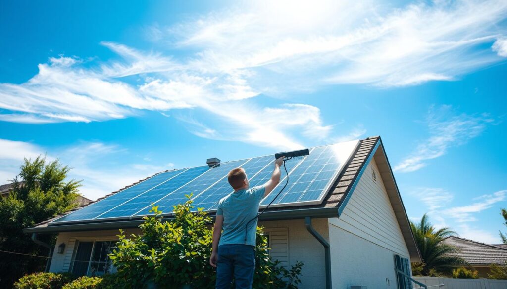A sunny day in a residential neighborhood, with a person in casual clothing carefully cleaning the solar panels on the roof of a single-story house. The panels are angled to capture the maximum sunlight, and the person is using a long-handled brush and a squeegee to wipe away any accumulated dust or debris. The house is surrounded by lush, green landscaping, and the sky is a brilliant blue with a few wispy clouds. The lighting is natural and bright, creating crisp shadows and highlights on the solar panels and the person working on them. The overall atmosphere is one of diligence and care, as the homeowner maintains their renewable energy source to ensure optimal efficiency.