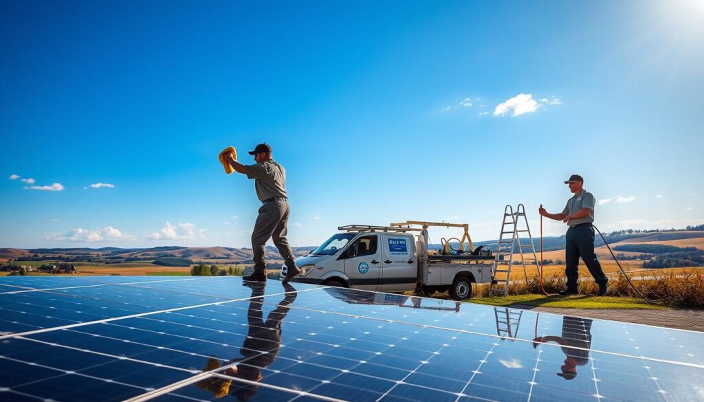 A sunny outdoor scene in Duluth, MN, showcasing a professional solar panel cleaning service in action. In the foreground, a team of technicians in uniforms are carefully wiping down solar panels with microfiber cloths, ensuring a spotless, gleaming surface. The middle ground features a service truck with the company's logo, and a ladder propped against the side, highlighting the specialized equipment used. In the background, a picturesque landscape of rolling hills and blue skies creates a tranquil, environmentally-conscious atmosphere. The lighting is soft and natural, casting warm shadows and highlights across the scene. The overall composition conveys a sense of expertise, attention to detail, and a commitment to maintaining optimal solar panel performance.