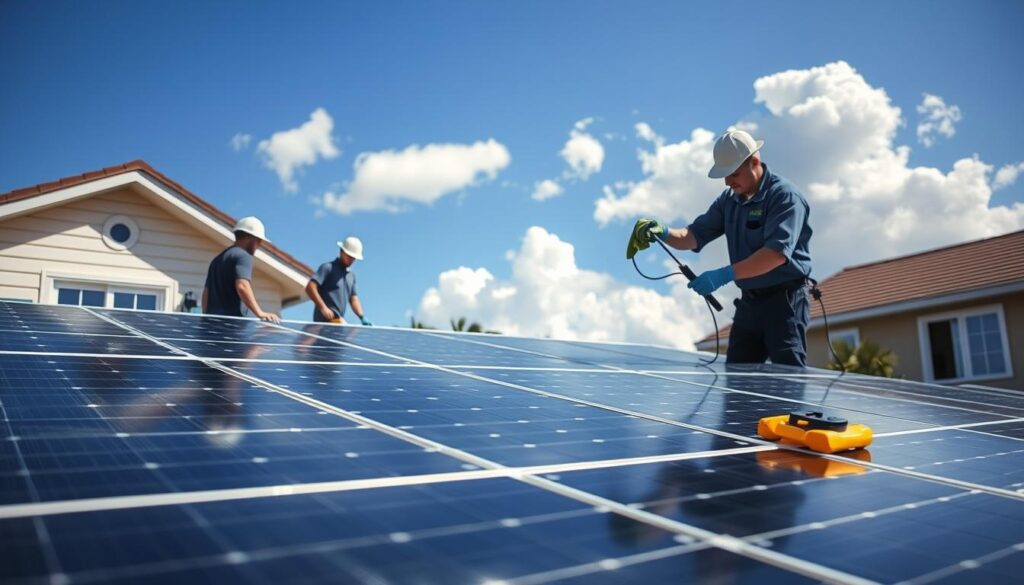 A sunny outdoor scene of a residential home with solar panels on the roof. In the foreground, a team of professional solar panel cleaners are carefully wiping down the panels with soft cloths, ensuring maximum efficiency and energy output. The middle ground shows the cleaning equipment and tools neatly organized, conveying attention to detail. In the background, a clear blue sky with fluffy white clouds creates a serene, picturesque setting. Soft, directional lighting casts gentle shadows, highlighting the panels' sleek, modern design. The overall mood is one of quiet competence and environmental responsibility.