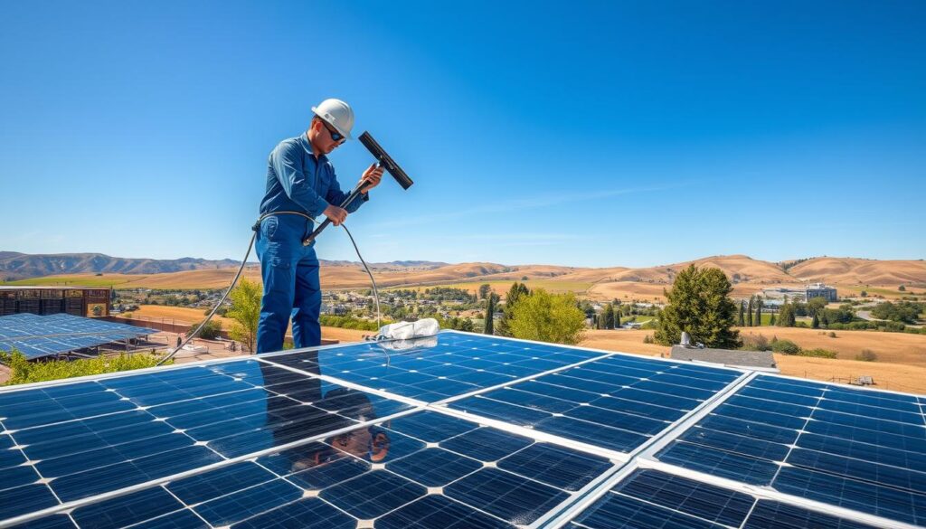 A sunny, picturesque scene of solar panels being cleaned in Meridian, Idaho. In the foreground, a worker in a blue jumpsuit carefully wipes down the solar panels with a squeegee, removing any dust or debris. The panels are positioned on a rooftop, with a wide-angle, high-resolution lens capturing the full scope of the cleaning process. In the middle ground, the surrounding landscape of Meridian is visible, with rolling hills and lush green trees. The background is filled with a clear, azure sky, accentuating the bright, warm lighting that bathes the scene. The overall mood is one of efficiency, environmental stewardship, and the importance of maintaining solar panel performance in Idaho's variable climate.