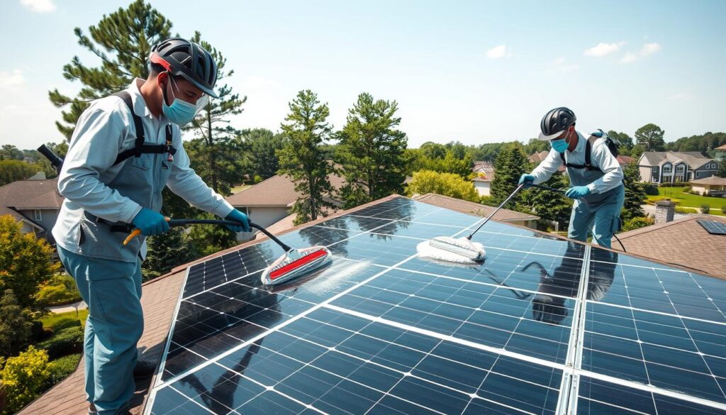 A sunny, warm afternoon in Johns Creek, GA. In the foreground, two professional solar panel cleaners, wearing protective gear, carefully wiping down the gleaming photovoltaic panels with specialized cleaning tools. The middle ground showcases the well-maintained residential rooftop, the panels angled perfectly to capture the sun's rays. In the background, a lush, verdant neighborhood with tall trees and well-kept homes. Soft, diffused lighting casts a gentle glow over the scene, highlighting the efficiency and precision of the cleaning process. The atmosphere conveys a sense of pride and care in maintaining the solar installation for optimal energy production.