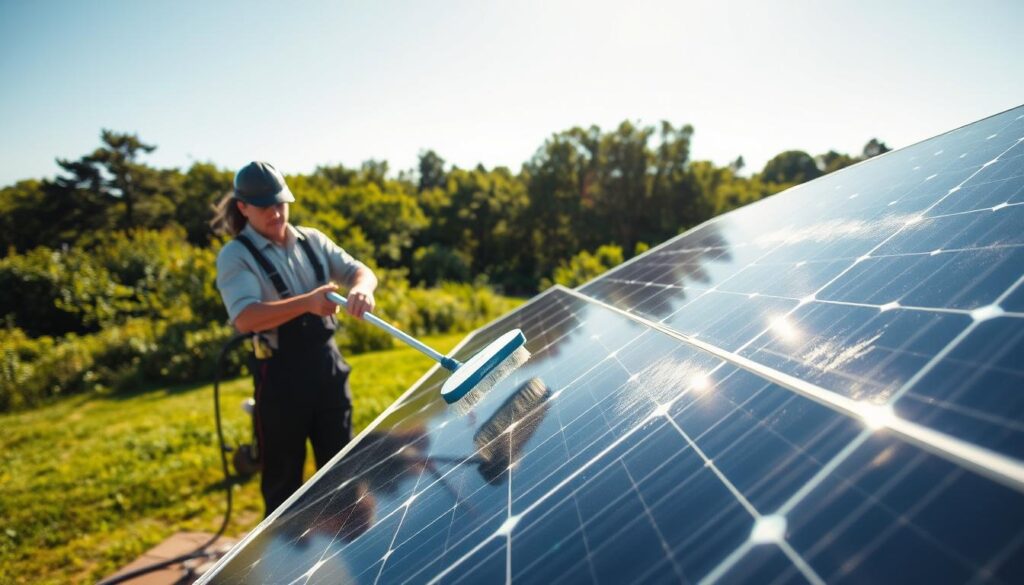 A sunny, well-lit outdoor scene in Warwick, Rhode Island, capturing a professional solar panel cleaning service in action. In the foreground, a technician in a uniform carefully wipes down the solar panels using a specialized cleaning tool, ensuring maximum efficiency. The middle ground showcases the sleek, modern design of the solar panels, their pristine surfaces reflecting the bright sunlight. In the background, a lush, verdant landscape provides a natural backdrop, with a clear, azure sky overhead. The overall atmosphere conveys a sense of environmentally-conscious professionalism and attention to detail, perfectly aligning with the focus on selecting the right solar panel cleaning service in Warwick, RI.