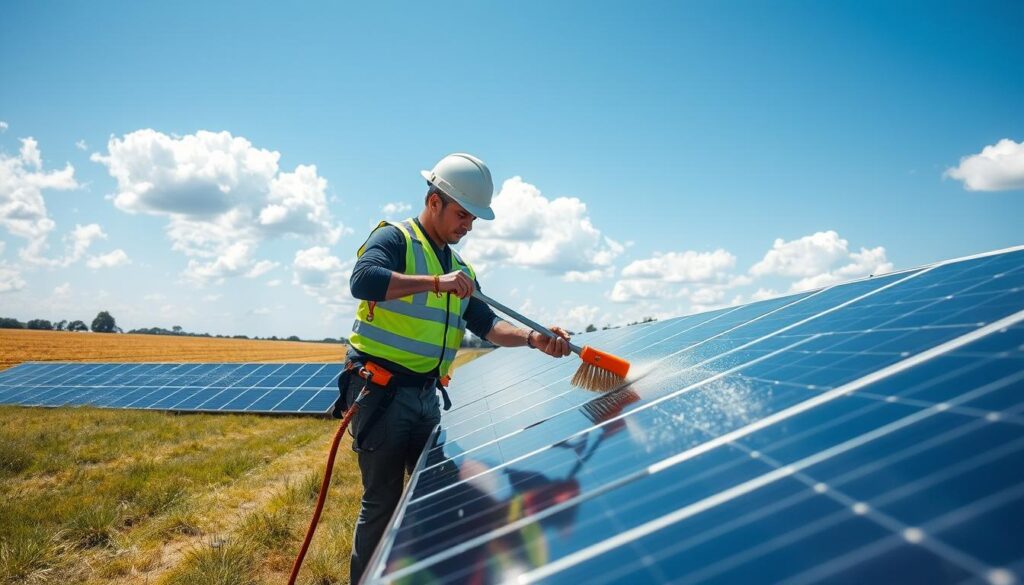 A sunny, well-lit outdoor scene of a professional solar panel cleaning service in action. In the foreground, a technician in a safety vest and harness meticulously cleans the surface of a large solar panel using a specialized brush and cleaning solution. Behind them, a row of evenly spaced, gleaming solar panels stretch across a vast, grassy field. In the distance, a clear blue sky is dotted with fluffy white clouds. The scene conveys the efficiency and attention to detail of a professional solar panel cleaning service, highlighting the benefits of maintaining clean and optimized solar panels.