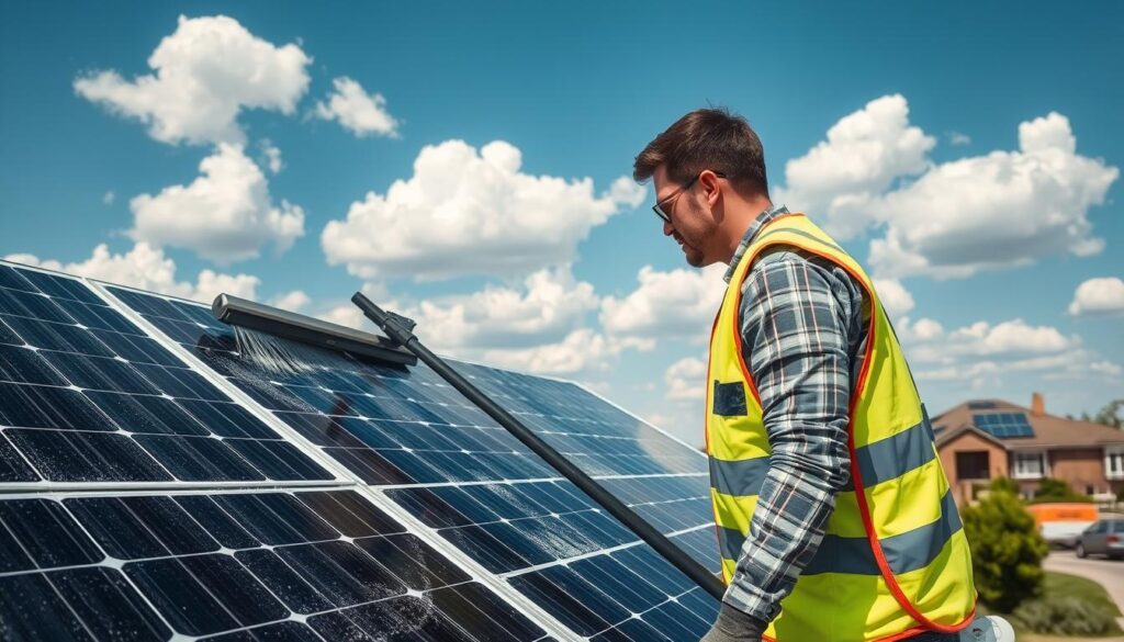 A sunny, well-lit outdoor scene showcasing a professional solar panel cleaning service in action in Norman, Oklahoma. In the foreground, a cleaner in a safety vest is meticulously wiping down the solar panels with a squeegee, ensuring maximum light absorption. The middle ground features a row of residential rooftops with neatly installed solar arrays, conveying the widespread adoption of solar energy in the community. In the background, the clear blue sky is dotted with fluffy white clouds, creating a sense of tranquility and environmental harmony. The overall mood is one of efficient, diligent service contributing to a sustainable, forward-looking energy future.