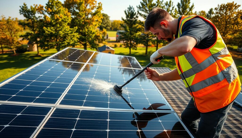 A technician in a high-visibility vest carefully inspects the solar panels on a rooftop in Kenosha, WI. The warm afternoon sun casts long shadows across the sleek black panels. In the background, a lush green lawn and a line of tall trees frame the scene. The technician wields a specialized cleaning tool, methodically wiping away any accumulated dust or debris, ensuring maximum efficiency of the solar system. The image conveys the importance of regular seasonal maintenance for solar installations, keeping them in optimal condition to power homes and businesses in Kenosha.